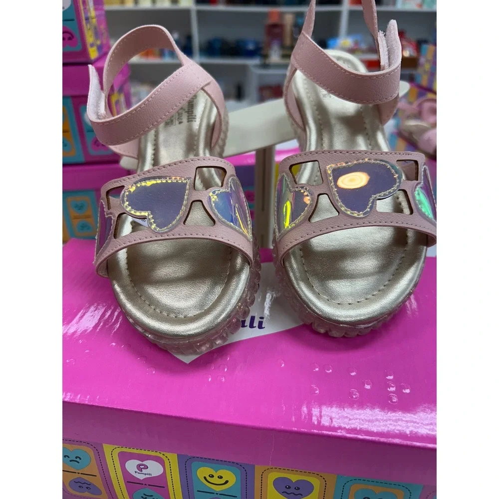 Pampili Girls Pink Holographic Heart Strappy Sandals Gold Footbed Size 12.5 US